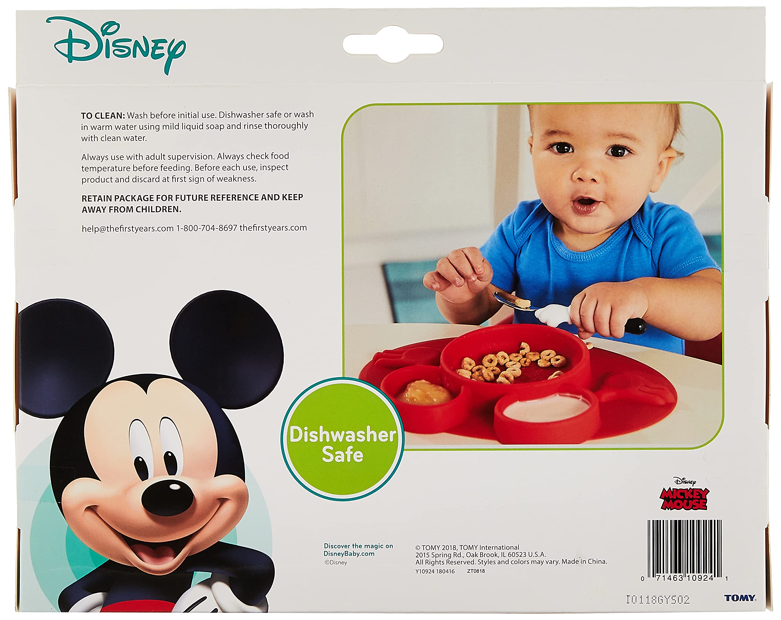 The First Years Mickey Mouse plate is dishwasher-safe for easy cleanup after meals.