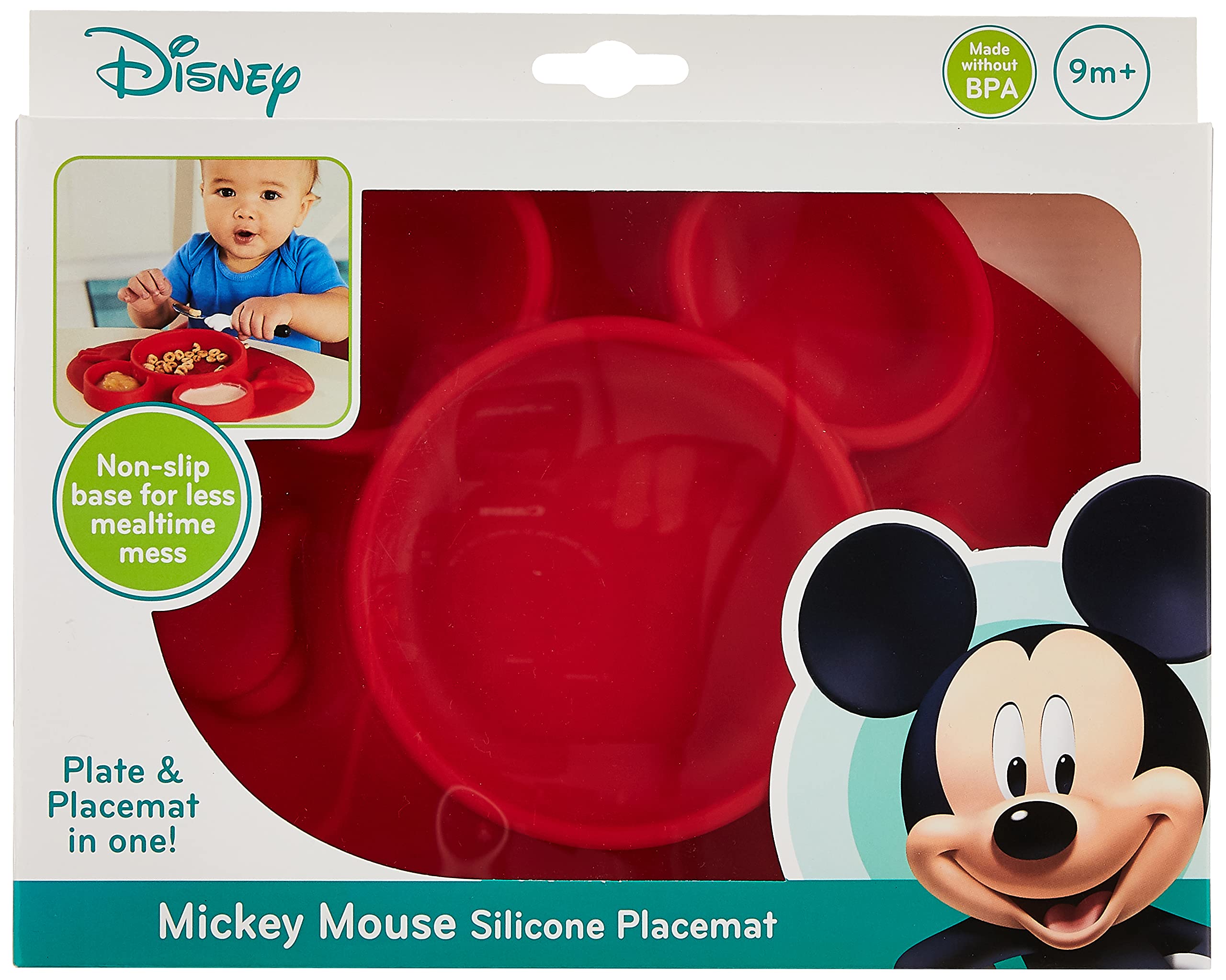 The First Years Mickey Mouse mat features a non-slip base to reduce plate sliding.