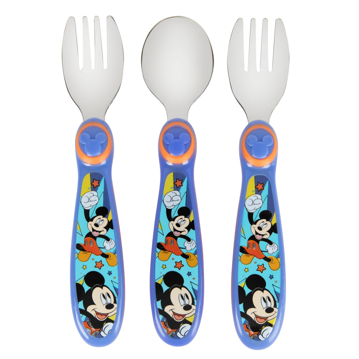 The First Years Mickey Mouse flatware 3-pack designed for easy kids' meals.