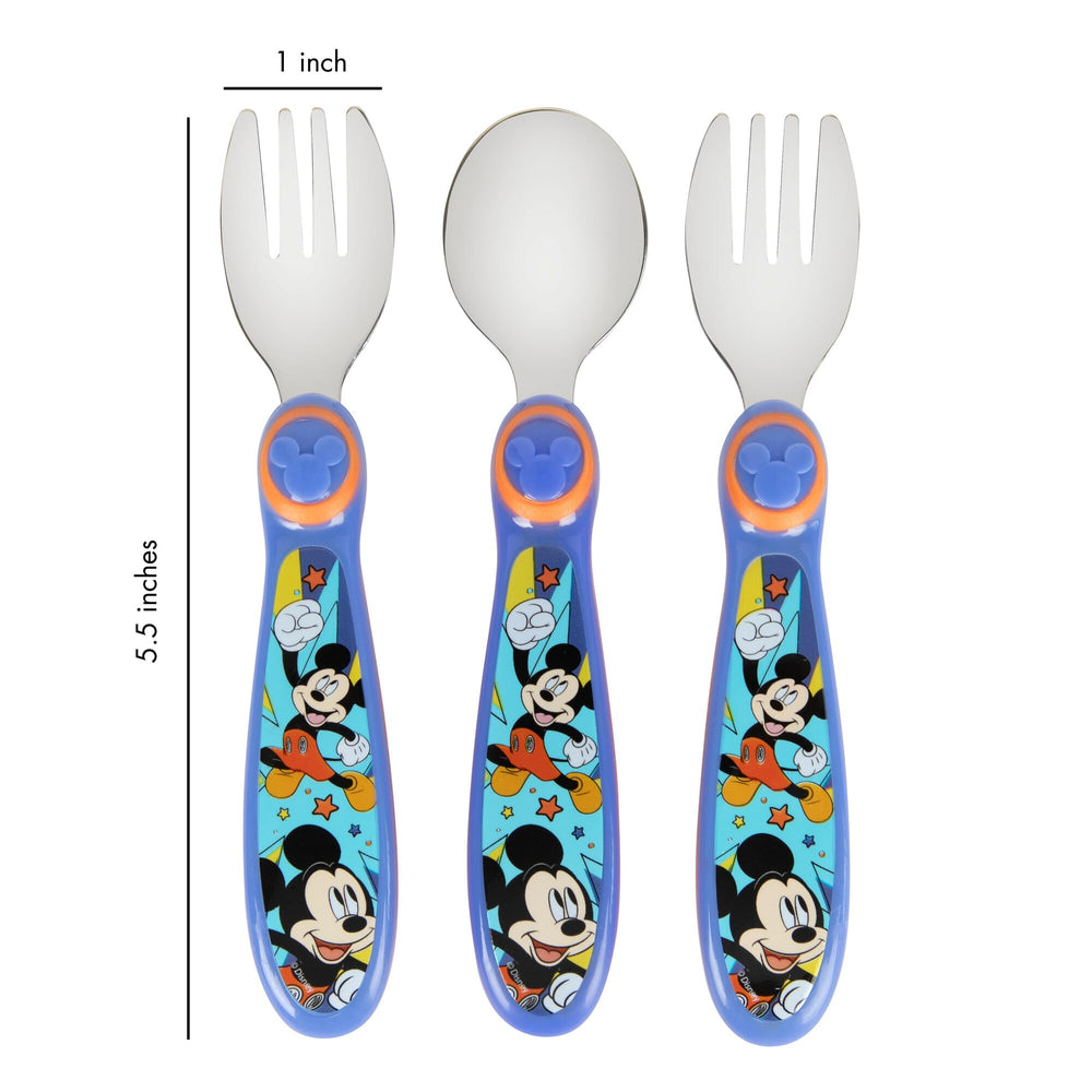 The First Years Mickey Mouse flatware with ergonomic handles for small hands.