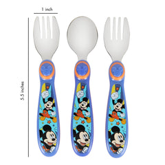 The First Years Mickey Mouse flatware with ergonomic handles for small hands.