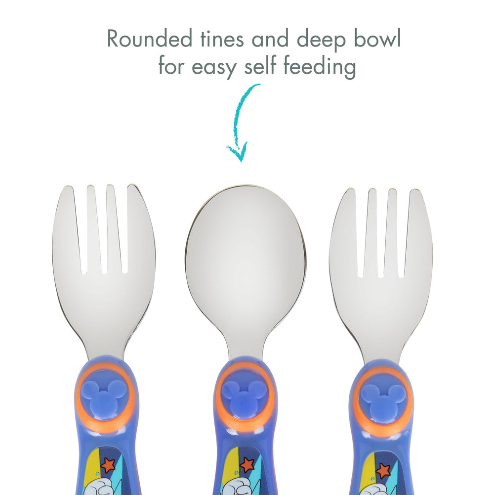 The First Years Mickey Mouse flatware has rounded tines for gentle bites.