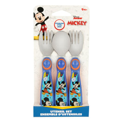 The First Years Mickey Mouse flatware features textured grips for secure handling.