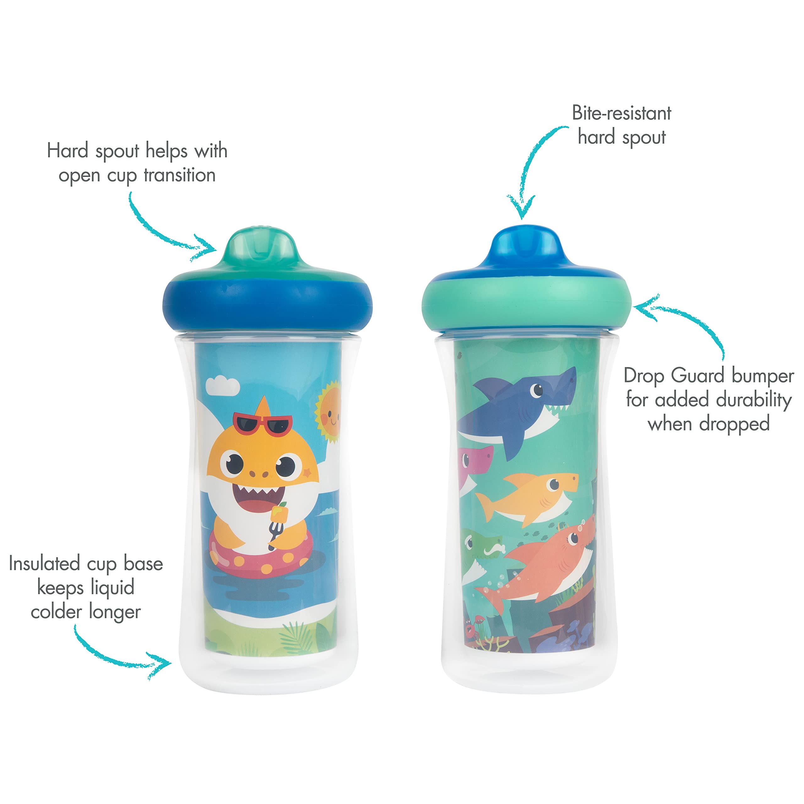 The First Years Pinkfong insulated sippy cup spout supports easy transition to open cup