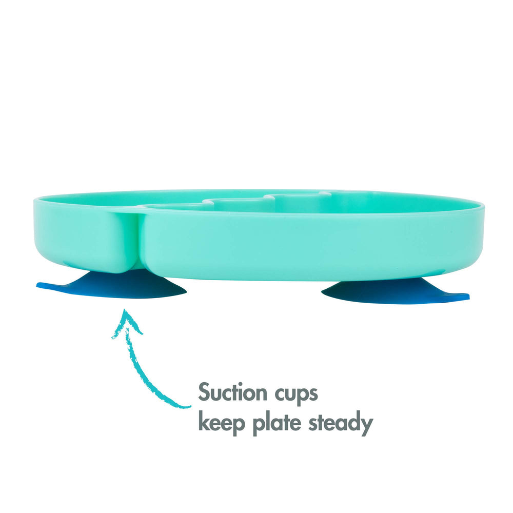The First Years Pinkfong Baby Shark plate with suction cups keeps meals in place during self-feeding.