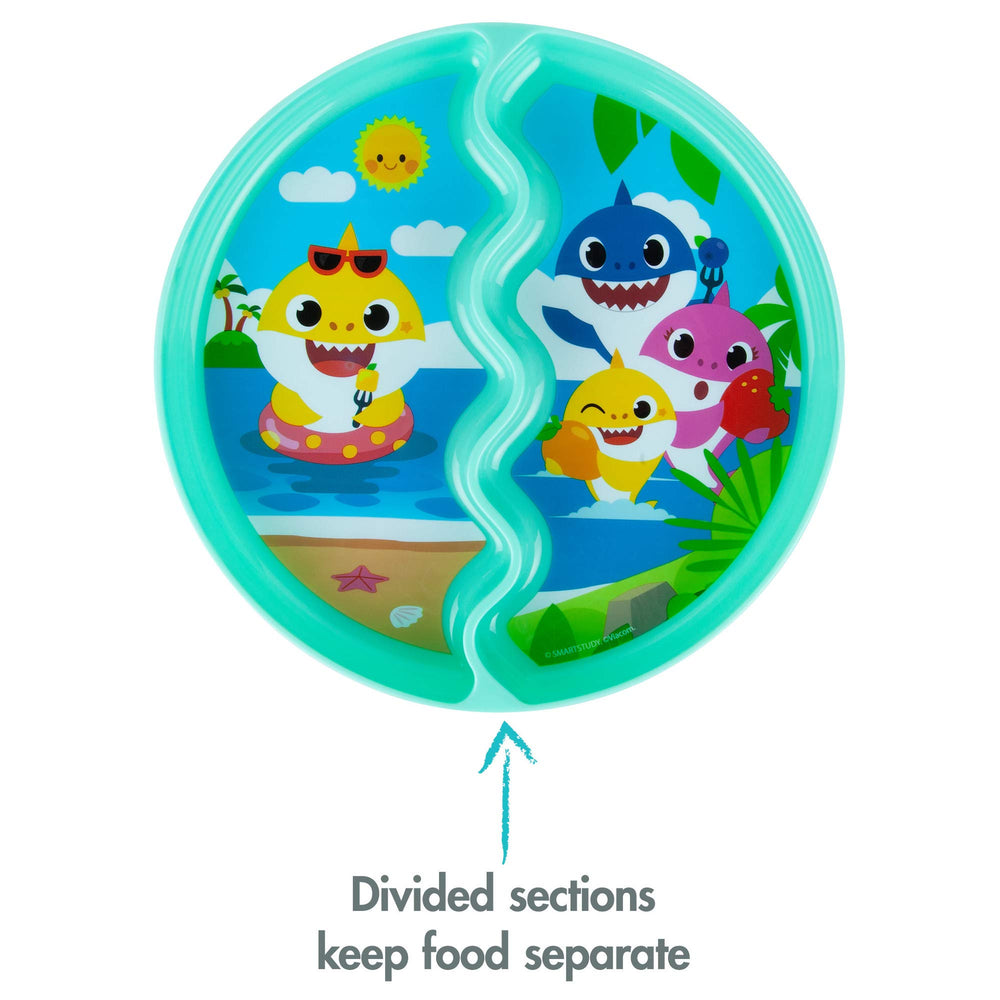 The First Years Pinkfong Baby Shark wavy divider guides foods onto utensils for easier self-feeding.