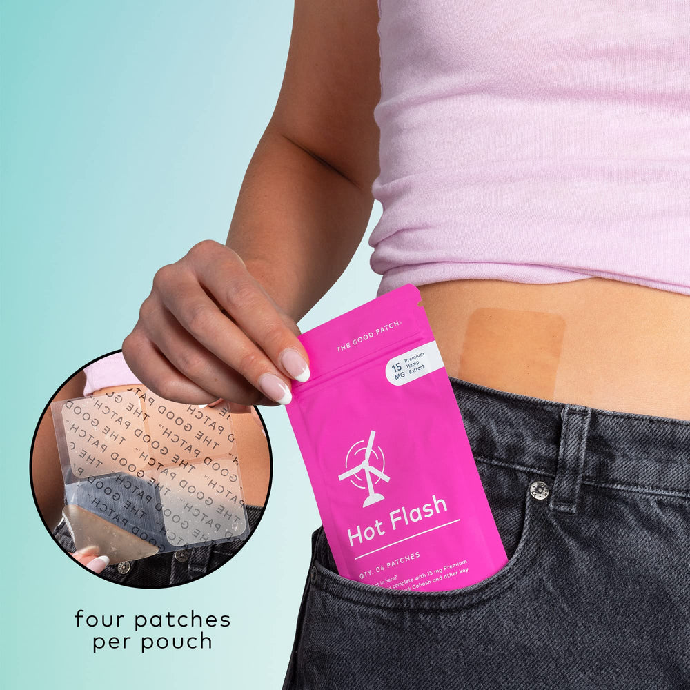 The Good Patch Hot Flash Patch closeup of hemp extract and botanicals
