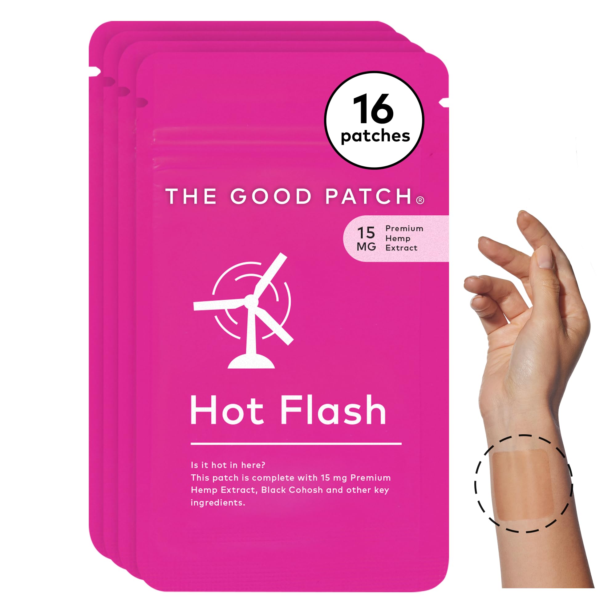 The Good Patch hot flash patch placed inside the wrist for discreet relief.