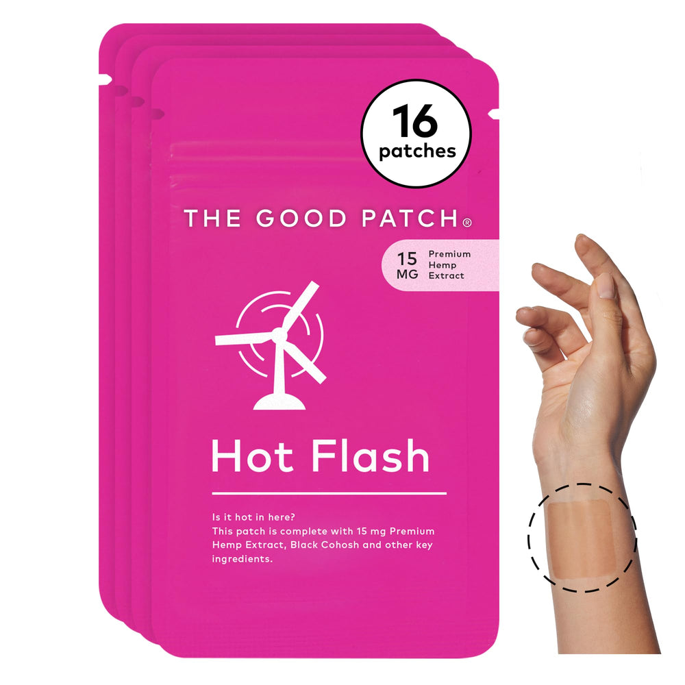 The Good Patch hot flash patch placed inside the wrist for discreet relief.