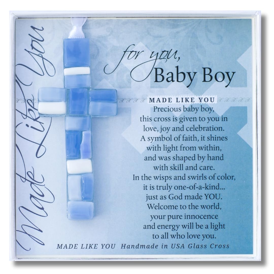 The Grandparent Gift Co. blue mosaic cross welcomes the newborn boy for nursery display.