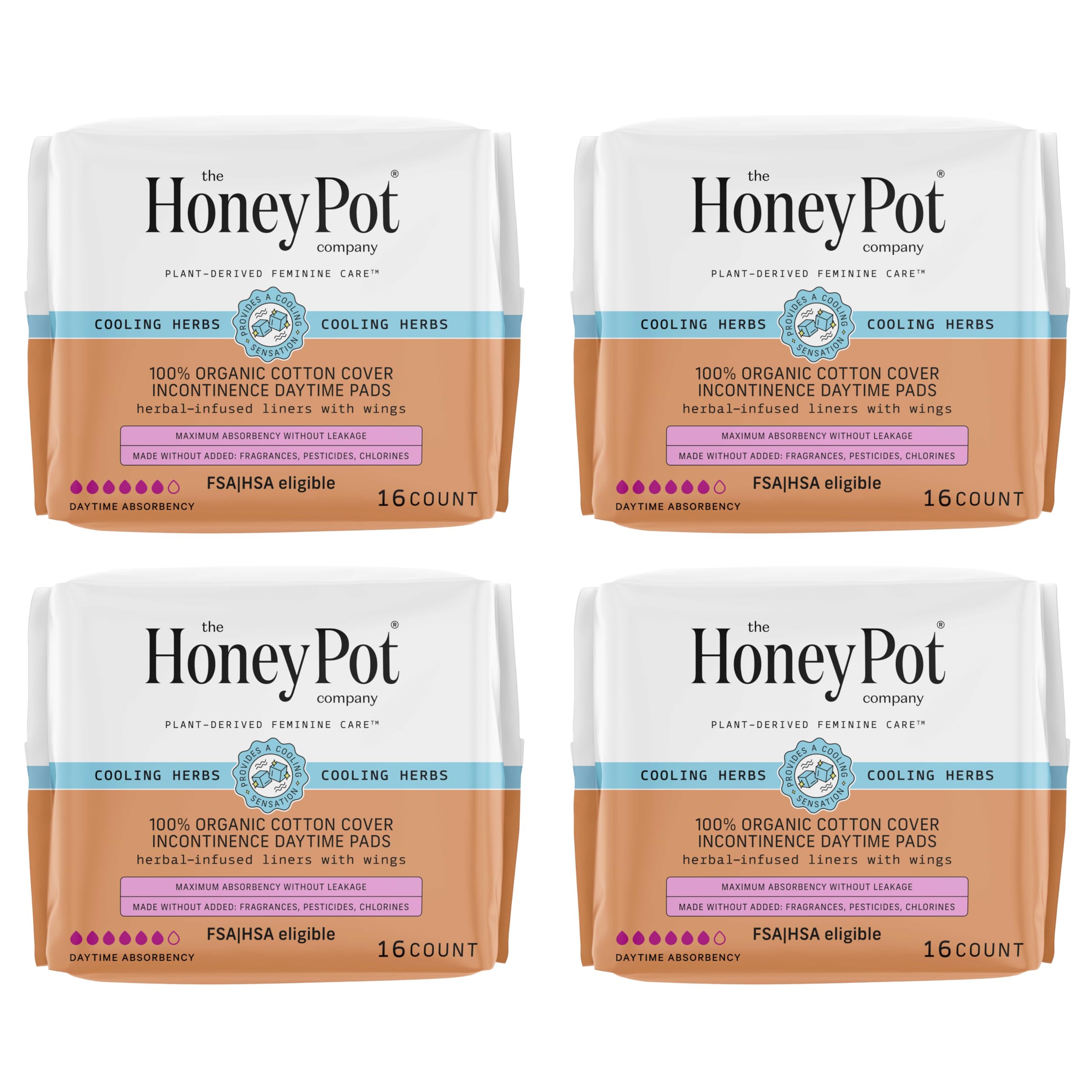 The Honey Pot herbal pads with wings packaging promotes discreet daytime protection.