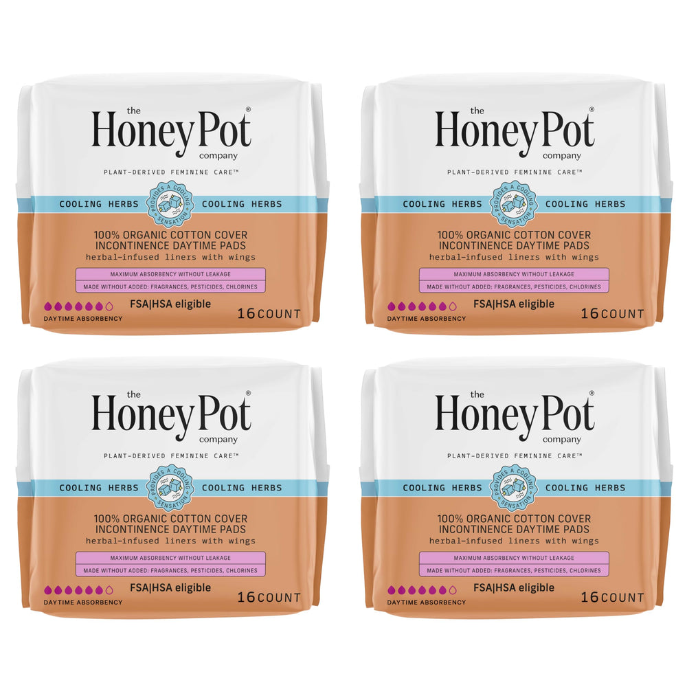 The Honey Pot herbal pads with wings packaging promotes discreet daytime protection.