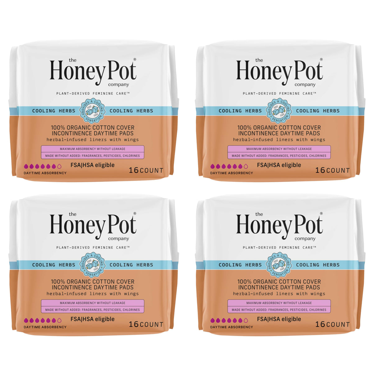 The Honey Pot herbal pads with wings packaging promotes discreet daytime protection.