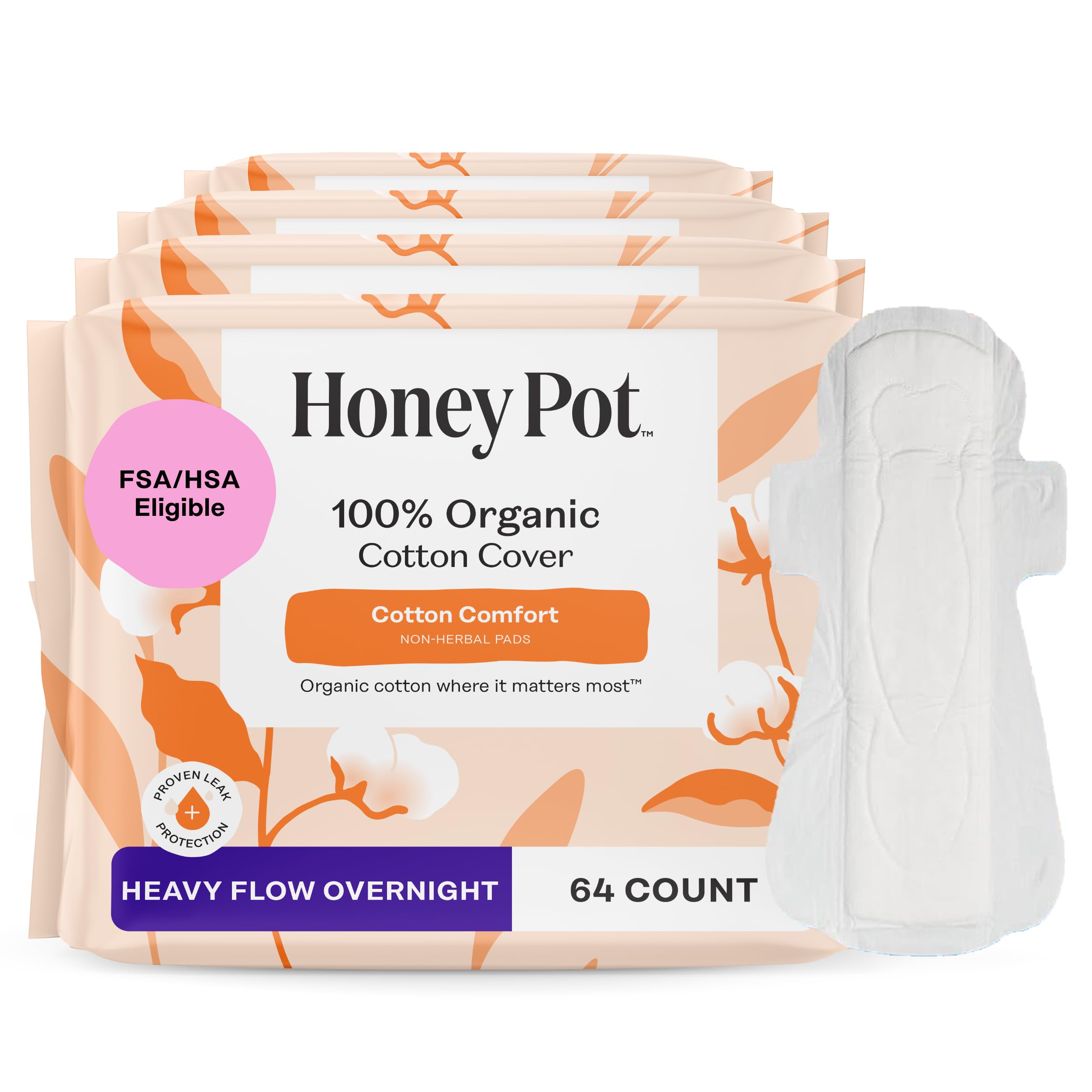 The Honey Pot 64ct overnight pad with wings for secure overnight protection.