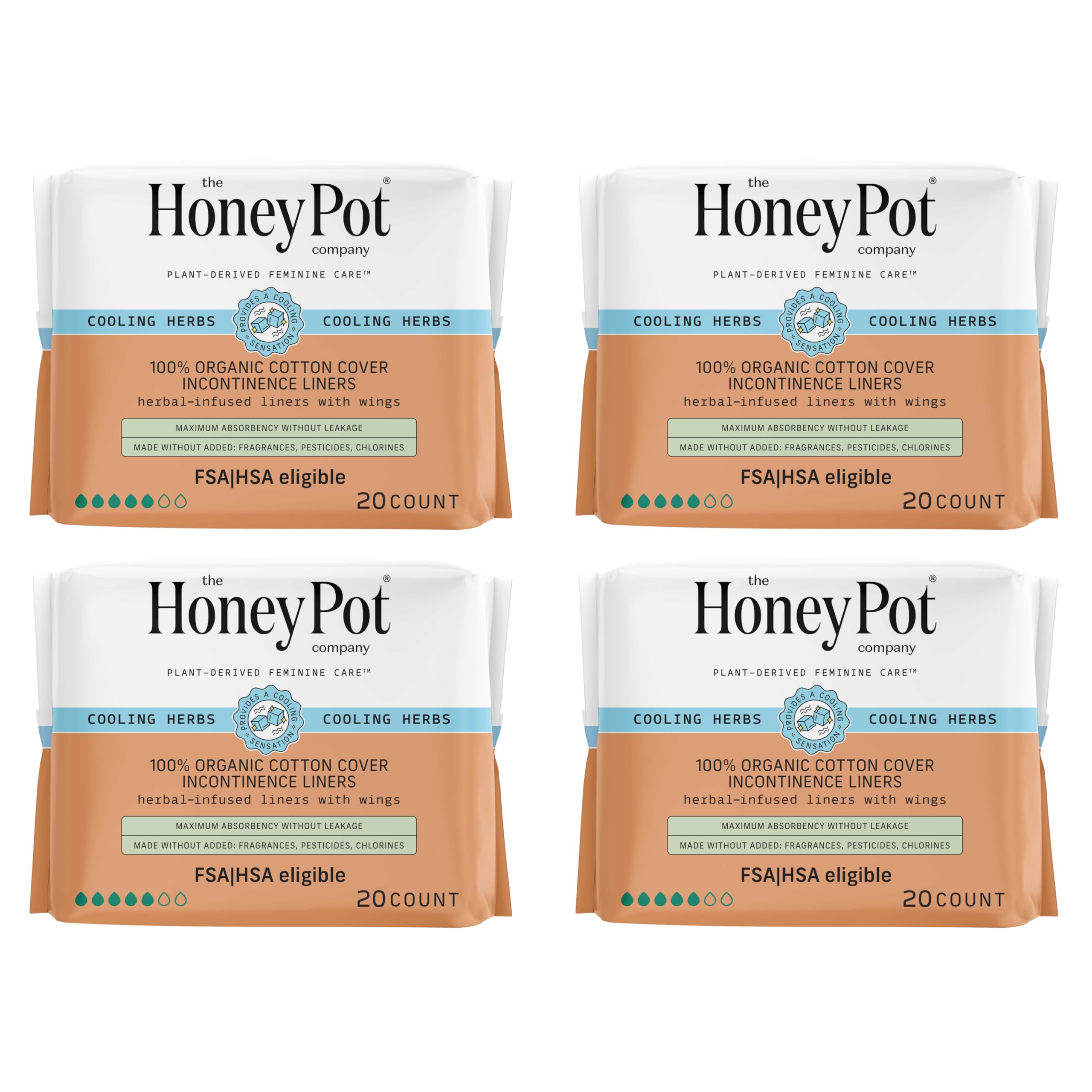 The Honey Pot 80ct herbal panty liners pack for sensitive days and leaks.