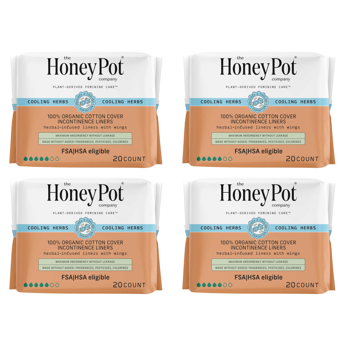 The Honey Pot 80ct herbal panty liners pack for sensitive days and leaks.