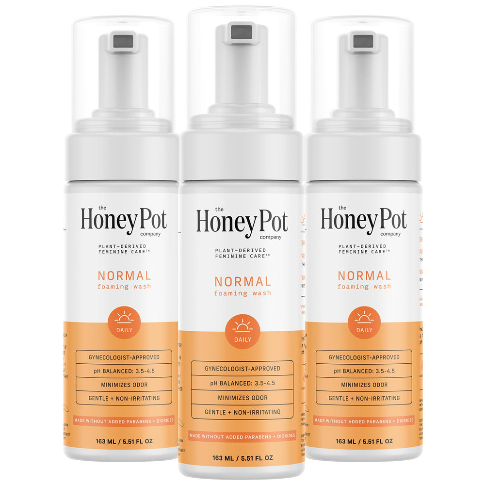 The Honey Pot balance bottle pump shows gentle cleansing with pH balance.