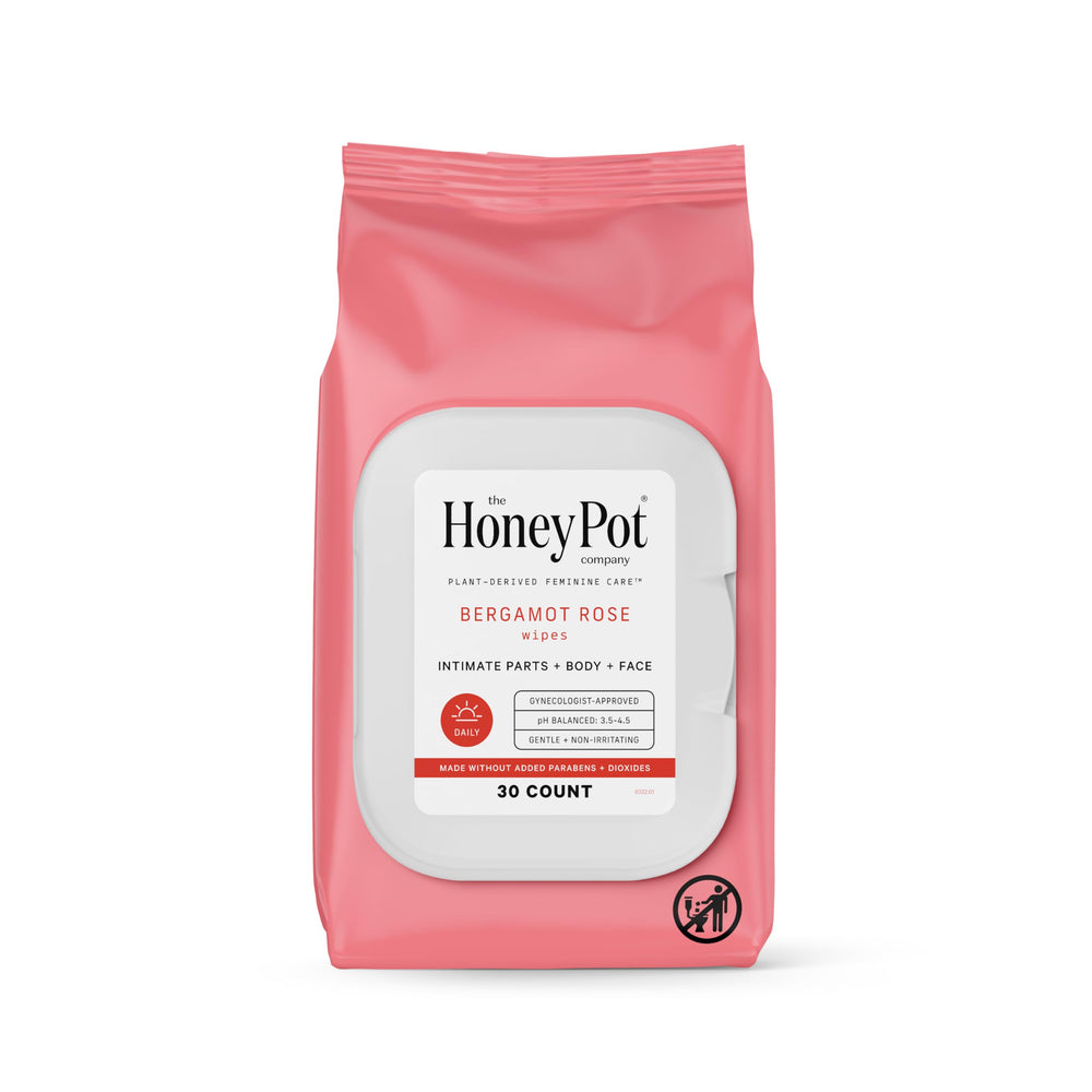 The Honey Pot Bergamot Rose wipes pack front shows brand and product for daily freshness.