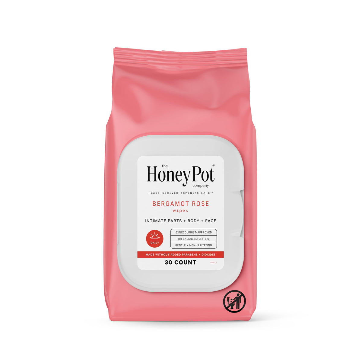 The Honey Pot Bergamot Rose wipes pack front shows brand and product for daily freshness.