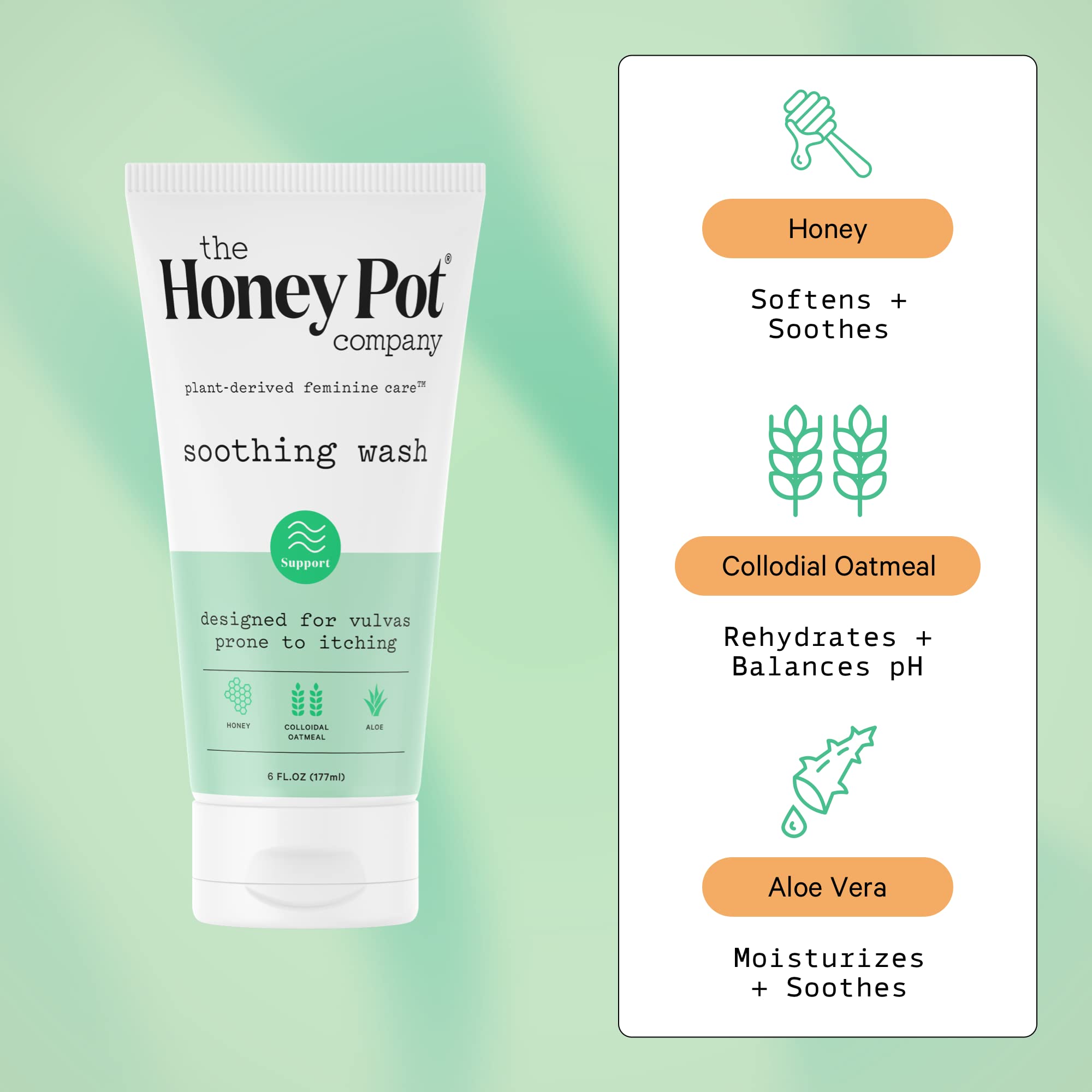 Ingredients of The Honey Pot colloidal oatmeal wash featuring oats and aloe for soothing moisture.