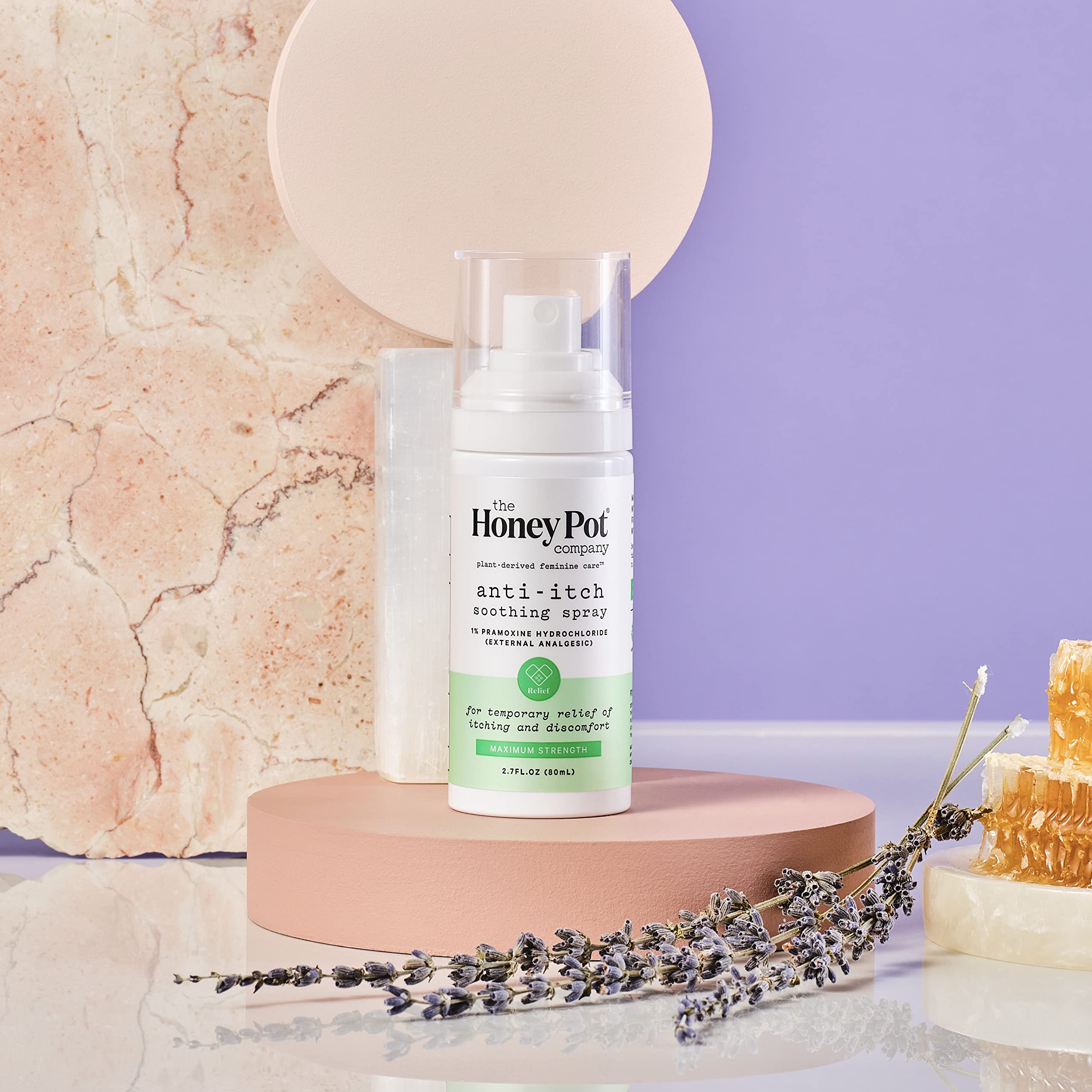 The Honey Pot ingredients label highlights cucumber, lavender, and witch hazel soothing.