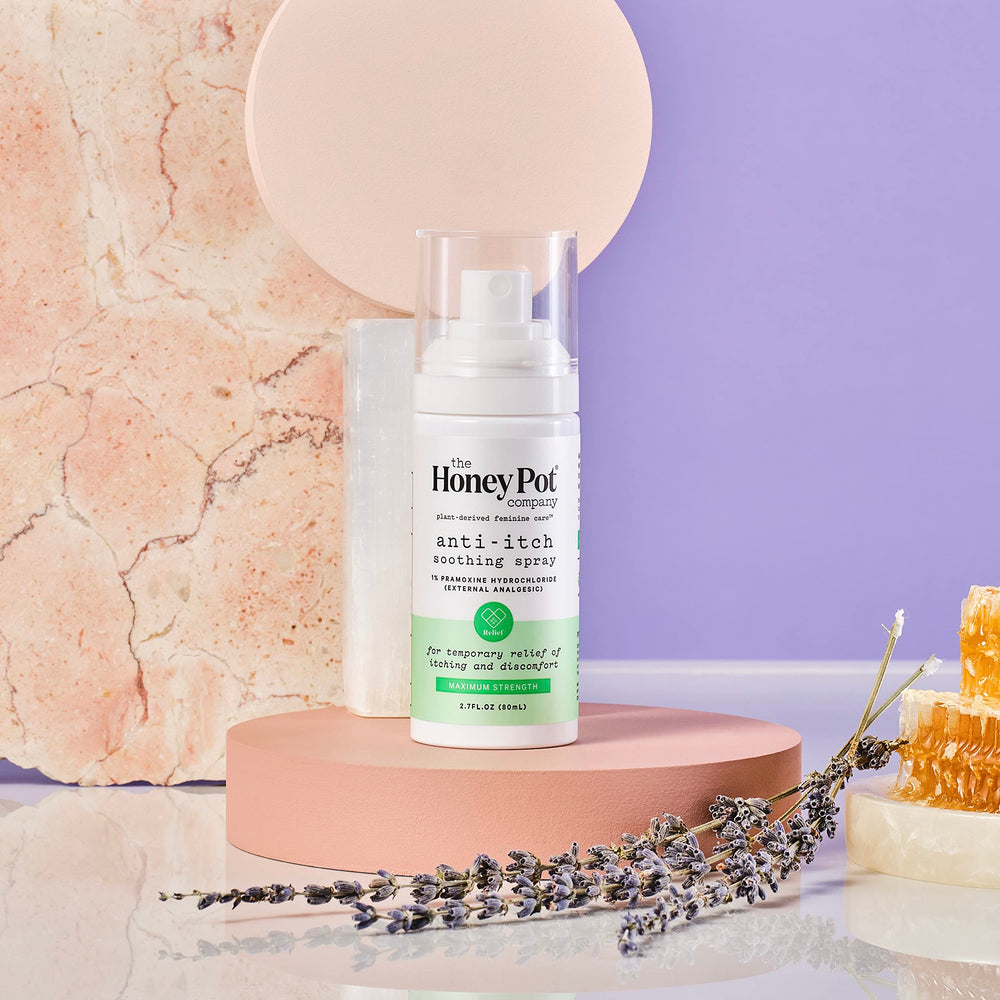 The Honey Pot ingredients label highlights cucumber, lavender, and witch hazel soothing.