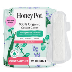 The Honey Pot Company herbal postpartum pads with wings provide cooling relief and secure protection.