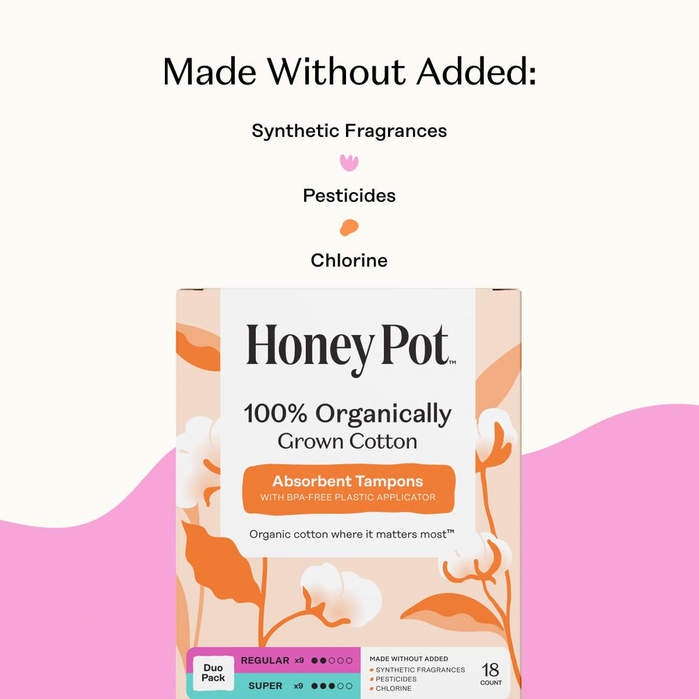 The Honey Pot organic cotton core tampon highlights natural, chlorine-free fibers for sensitive users
