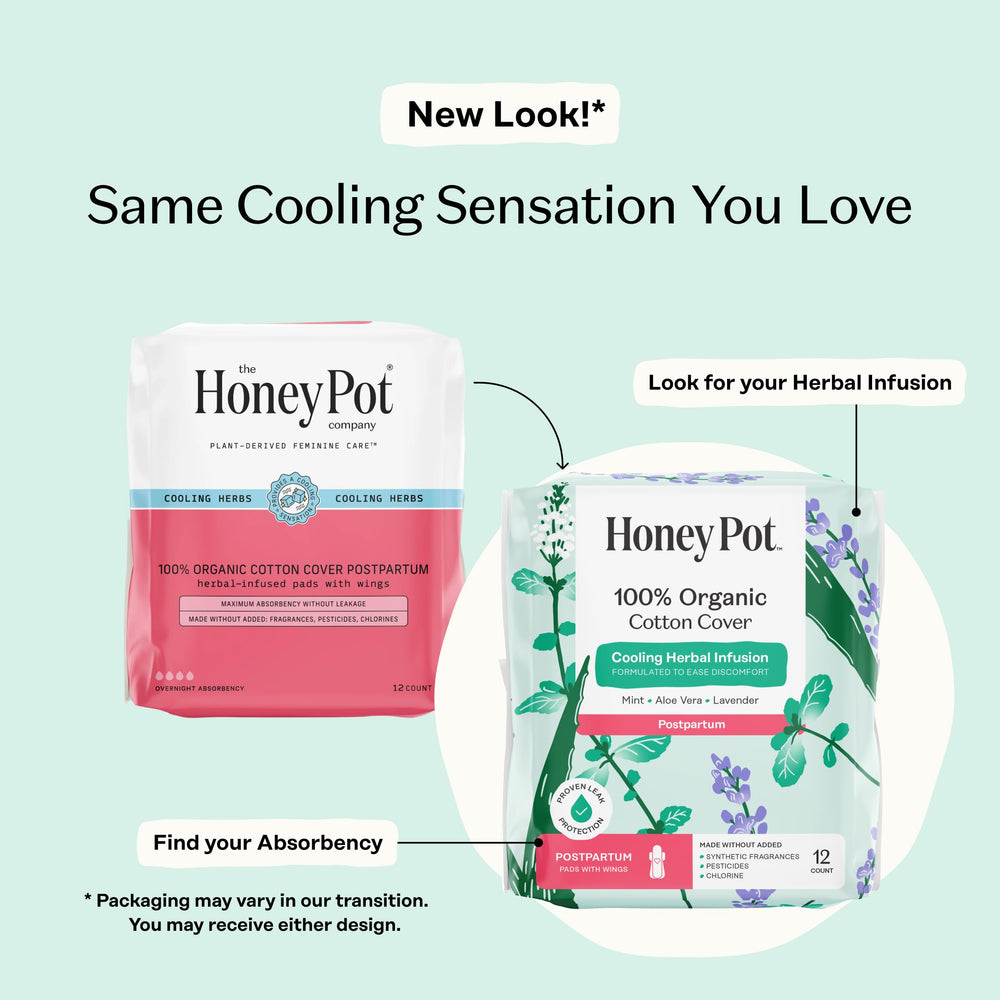 The Honey Pot Company organic cotton cover postpartum pads highlight natural comfort and breathability.
