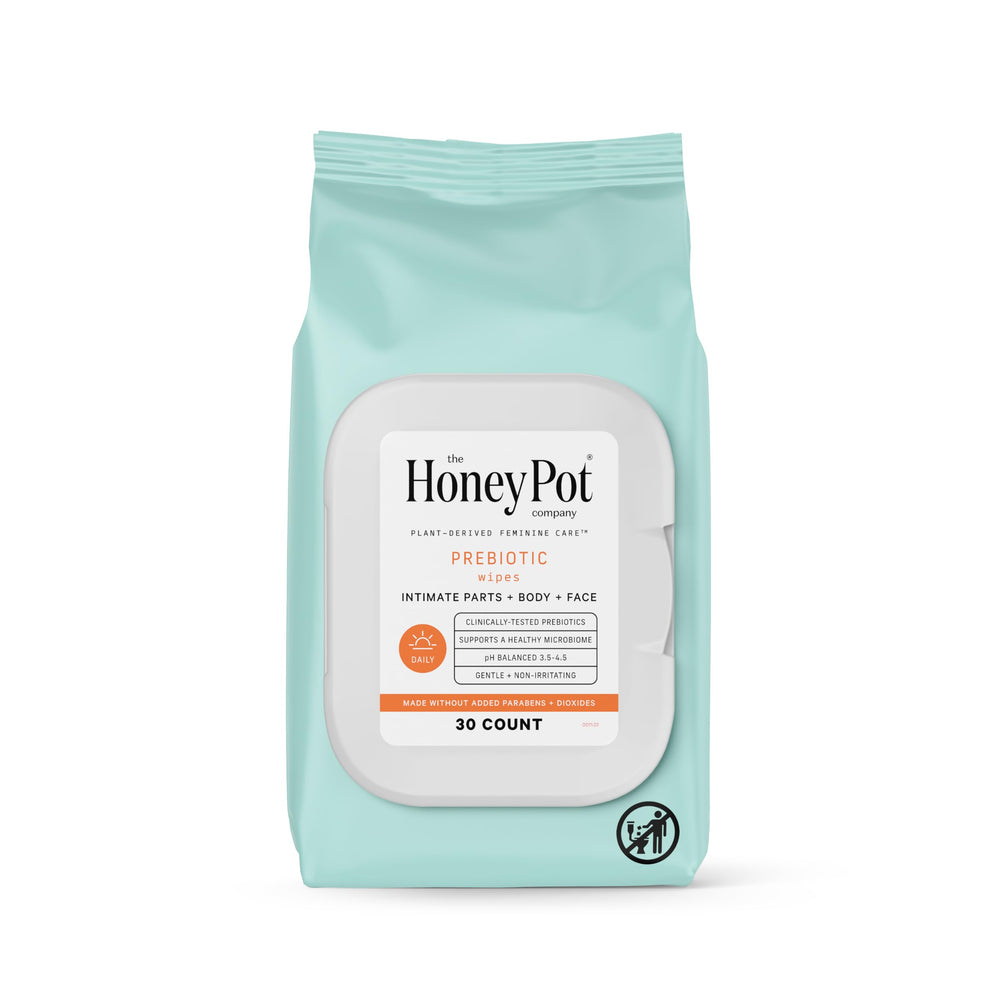 The Honey Pot Company prebiotic wipes front-pack view for daily intimate care.