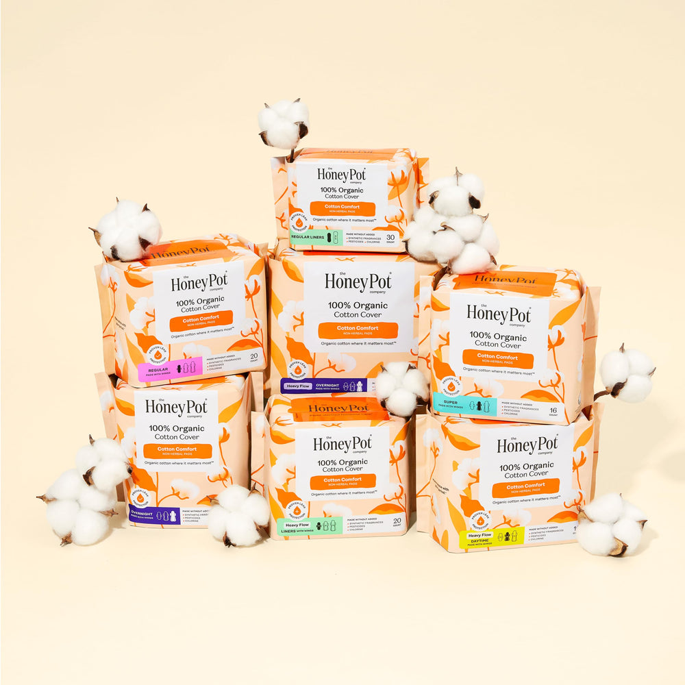 The Honey Pot Company reusable storage pouch shown alongside pads