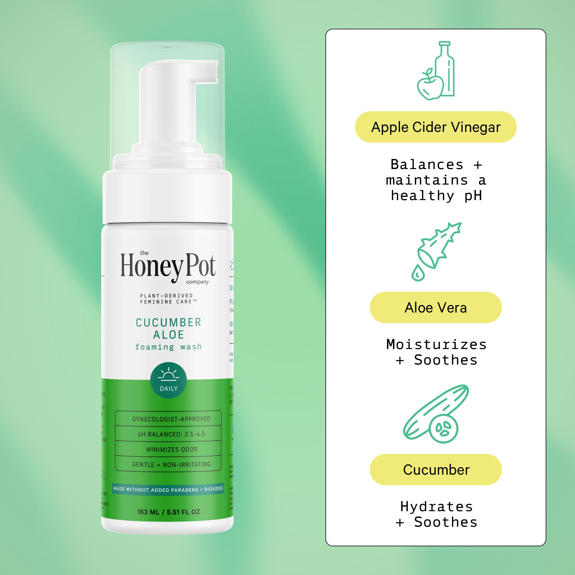 The Honey Pot Cucumber Aloe Wash ingredients display highlighting cucumber and aloe soothing action.