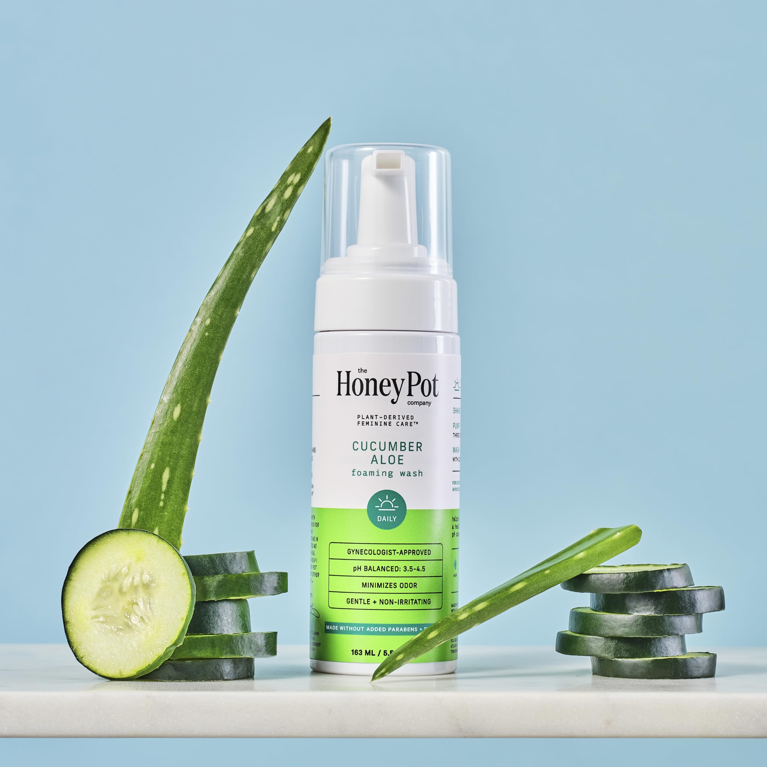 The Honey Pot Cucumber Aloe Wash packaging emphasizes a paraben-free formula.
