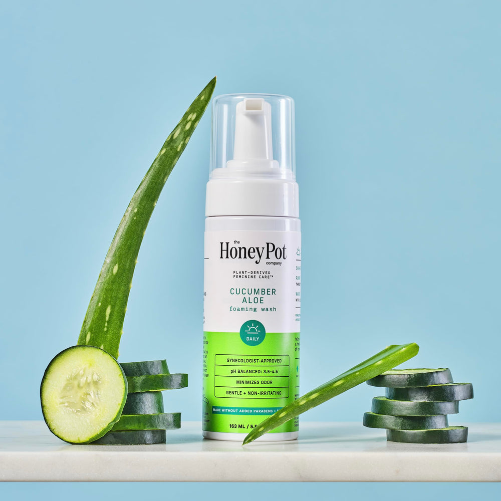 The Honey Pot Cucumber Aloe Wash packaging emphasizes a paraben-free formula.