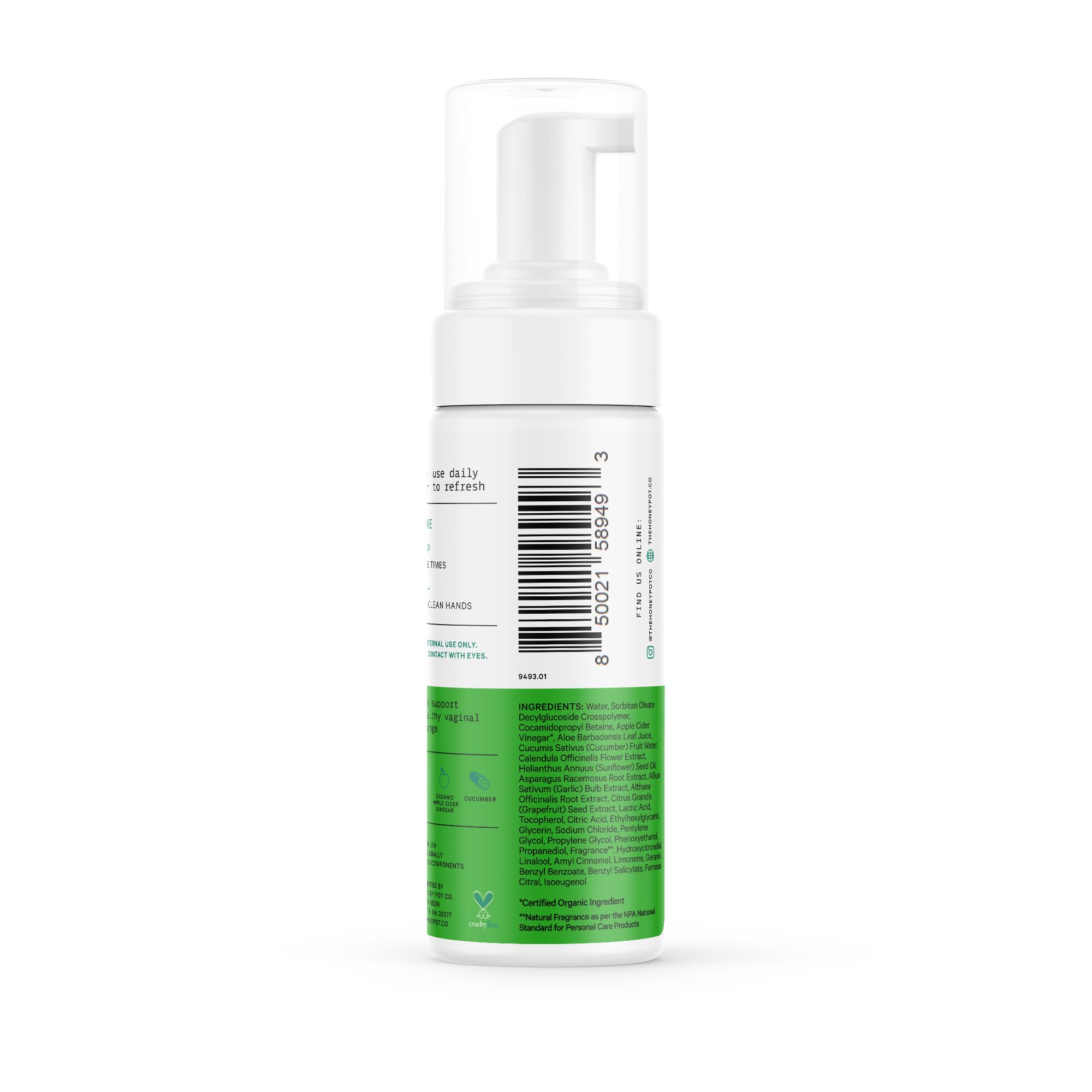 The Honey Pot Cucumber Aloe Wash on a bathroom shelf ready for routine.
