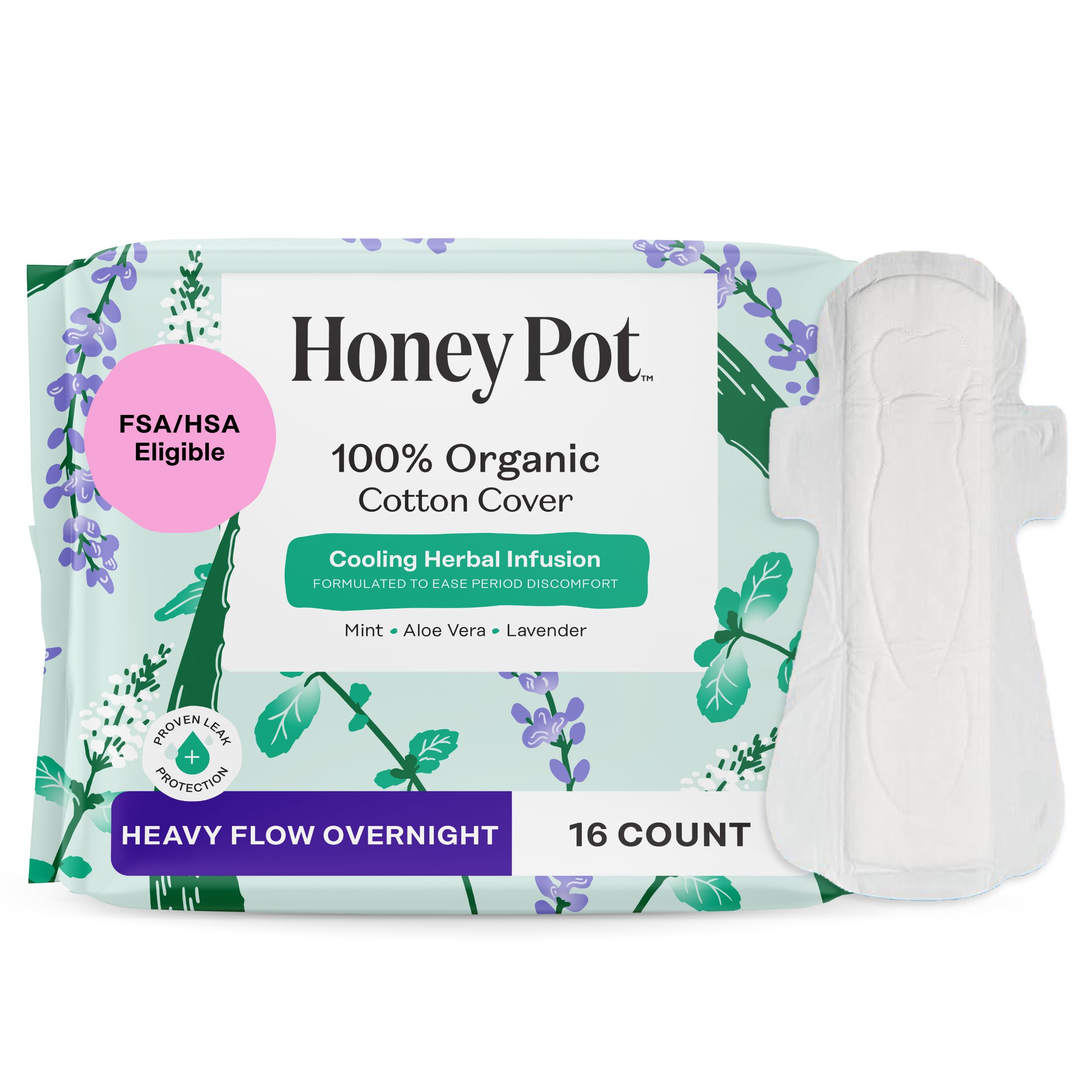 The Honey Pot heavy-flow overnight pads with wings offer secure protection through the night.