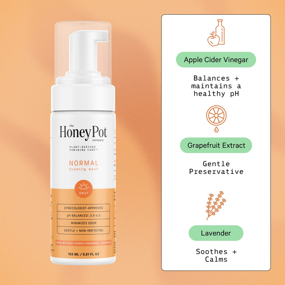 The Honey Pot herbal infused foam demonstrates daily use for sensitive skin.
