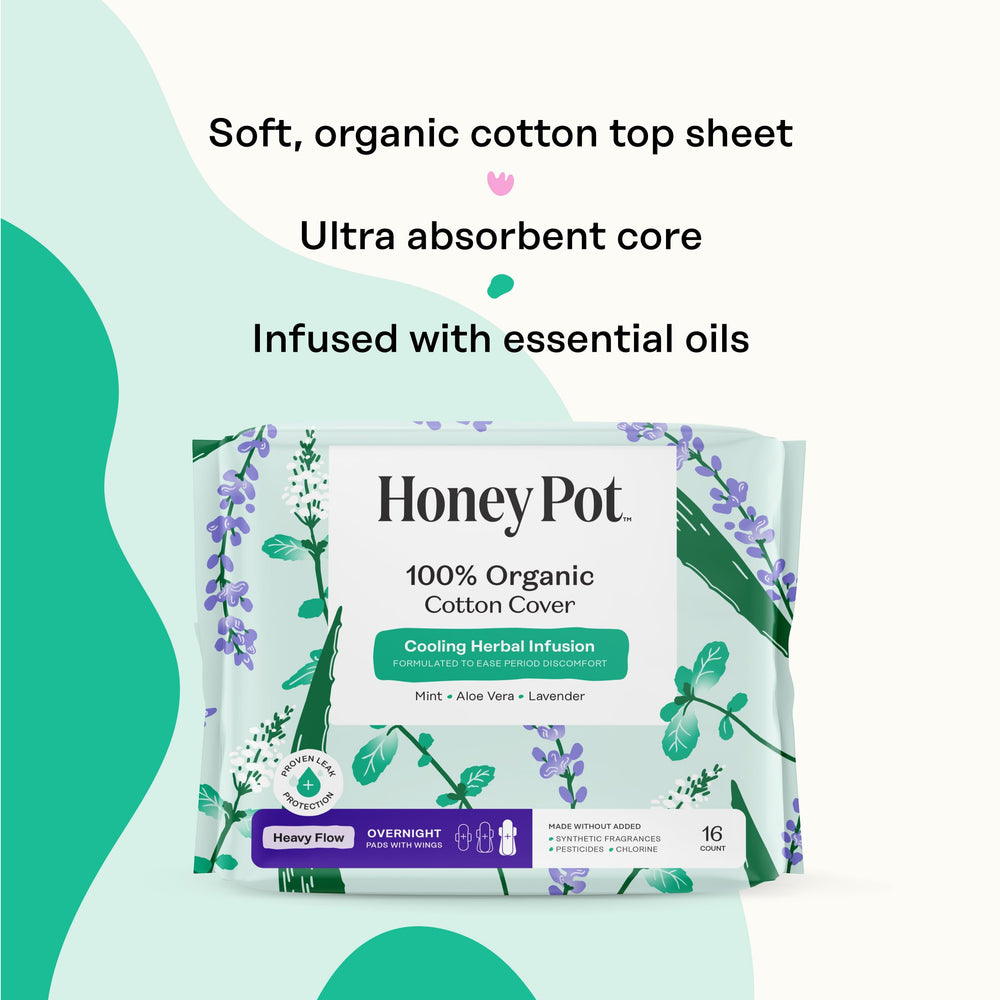 The Honey Pot herbal-infused pad with lavender, rose, aloe and mint offers a refreshing sensation.