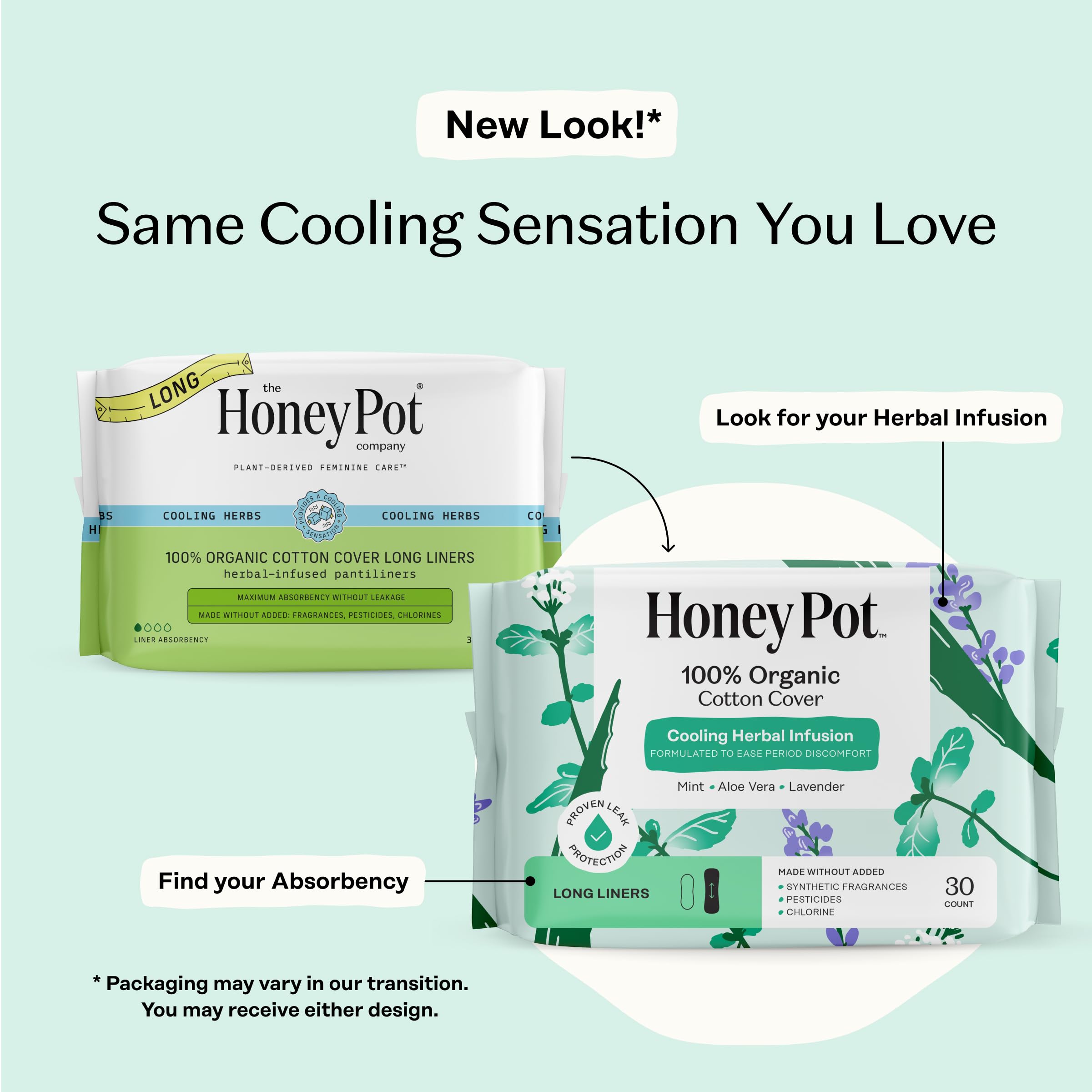 The Honey Pot Herbal Long Panty Liners cover close-up shows soft organic cotton with breathable wings.