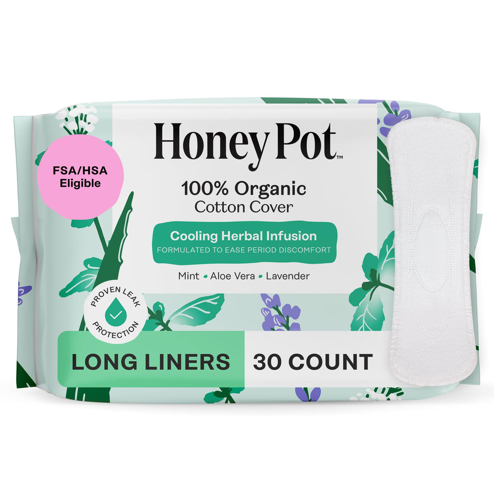 The Honey Pot Herbal Long Panty Liners packaging for discreet daily protection.