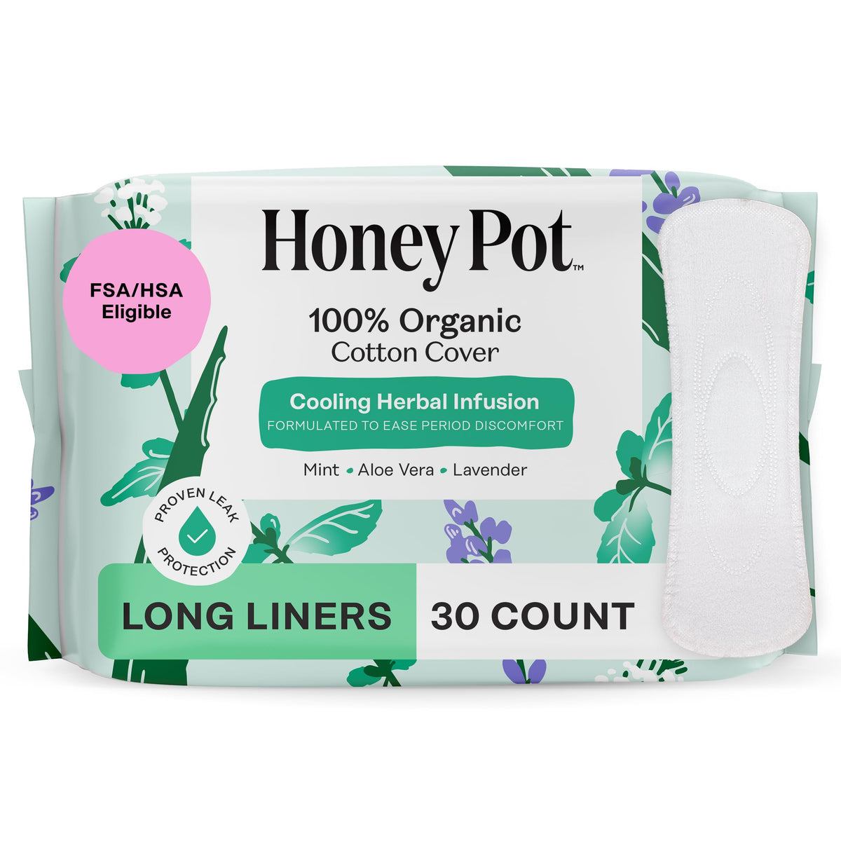 The Honey Pot Herbal Long Panty Liners packaging for discreet daily protection.