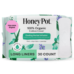 The Honey Pot Herbal Long Panty Liners packaging for discreet daily protection.