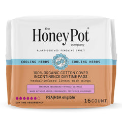 The Honey Pot Company packaging shows herbal pads with wings for secure daytime wear.