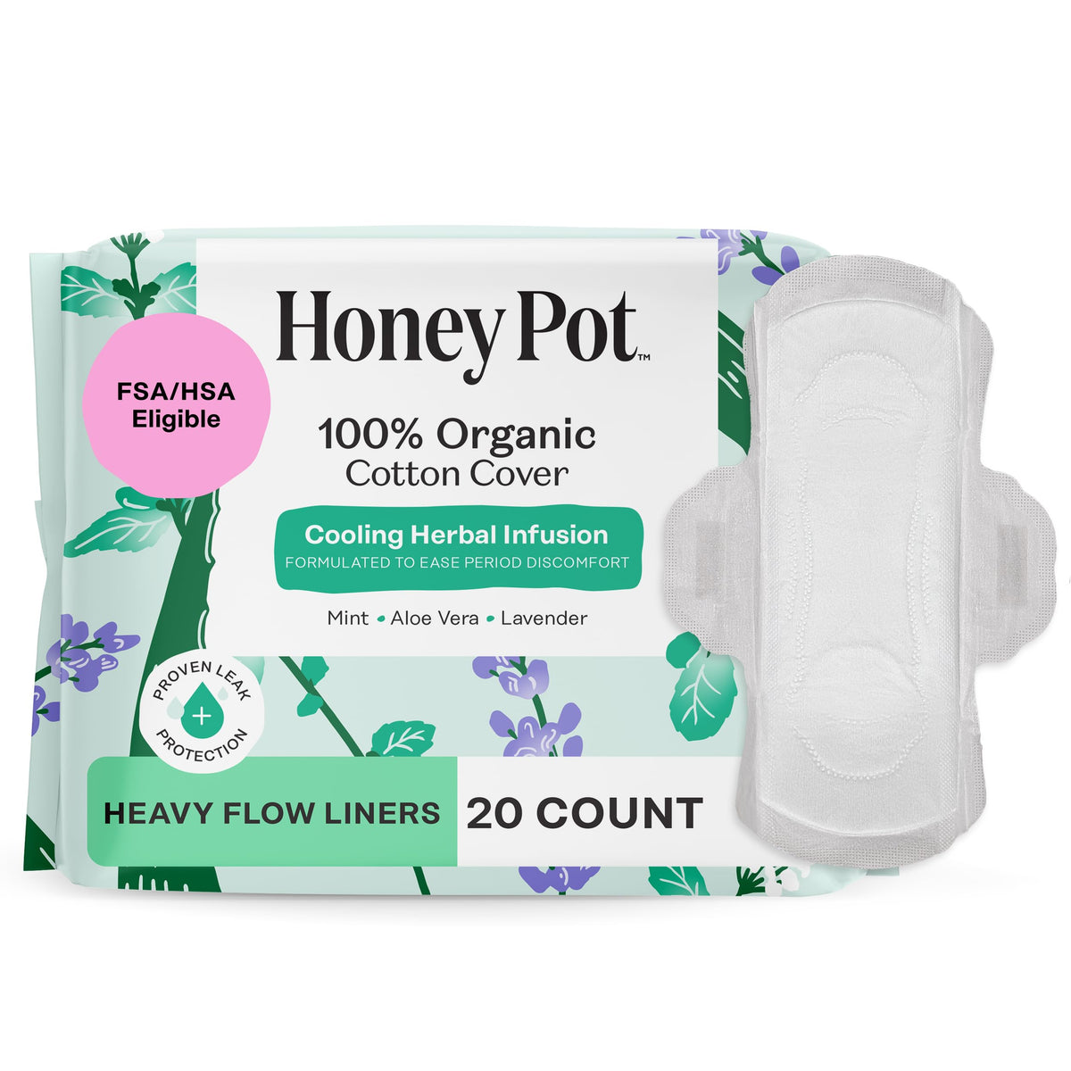The Honey Pot herbal liner for heavy flow with wings—pack shot for secure protection.