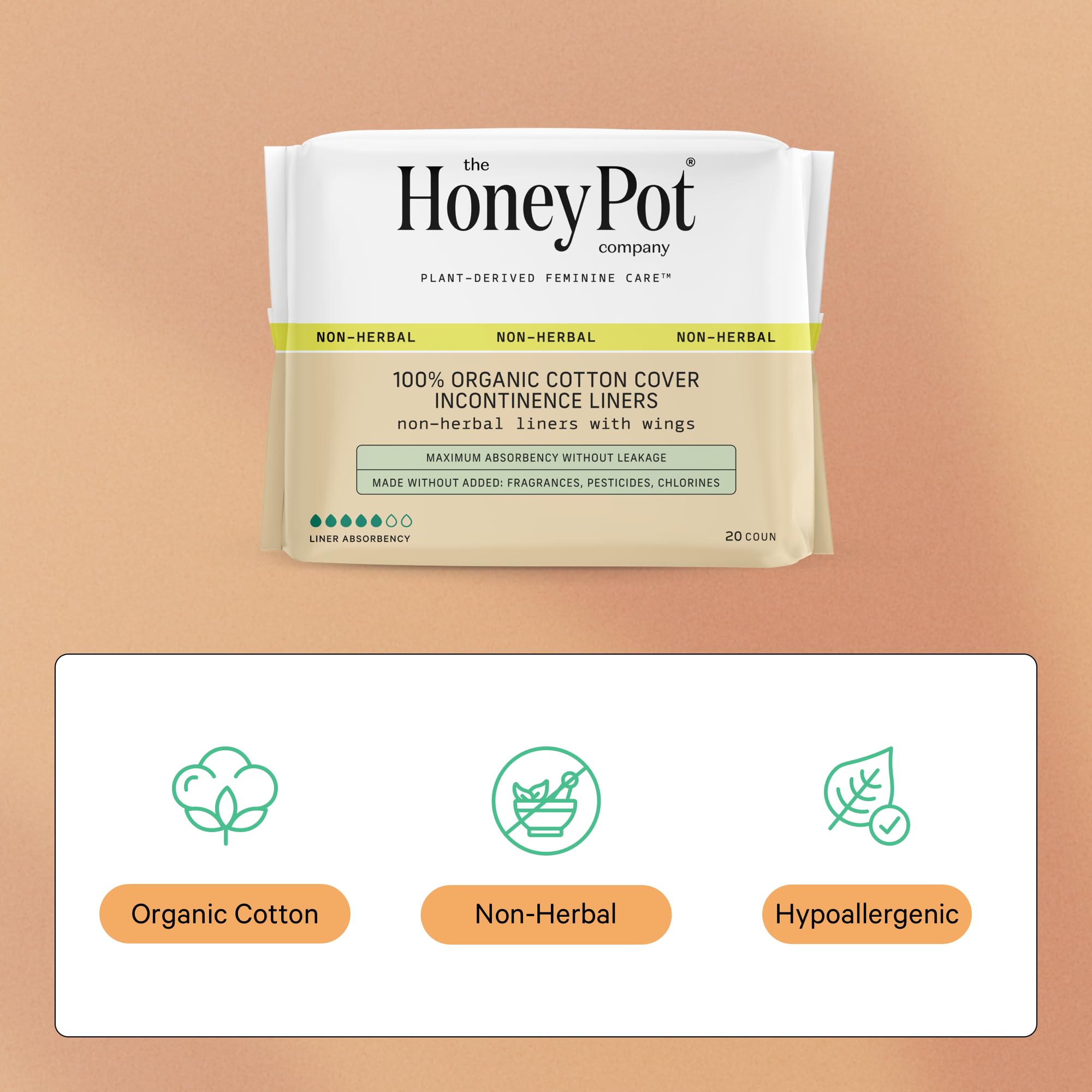 The Honey Pot Non-Herbal Pads with Wings close-up shows the absorbent core for leaks.