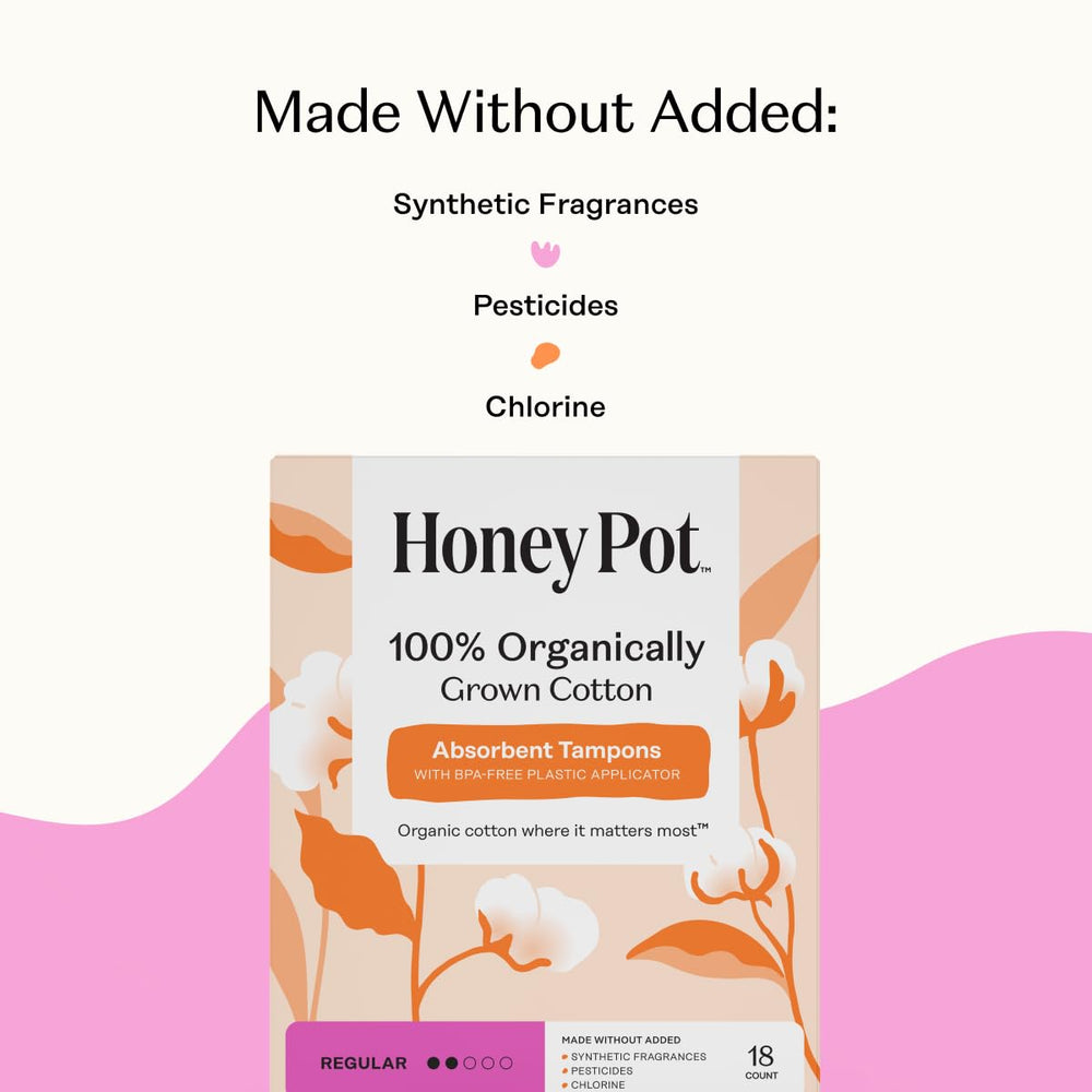 The Honey Pot Organic Cotton Core tampon highlights plant-based materials for comfort.