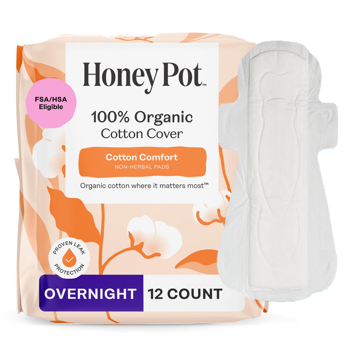The Honey Pot overnight non-herbal pad with wings for secure protection.
