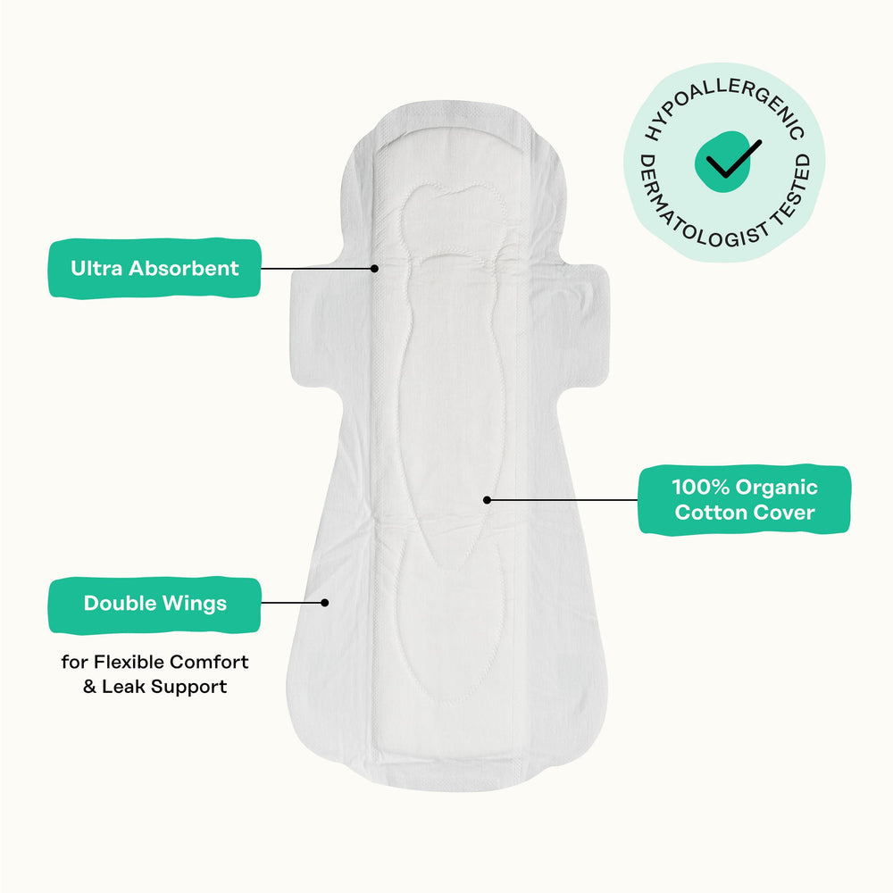Pad with wings in use illustrating night time protection by The Honey Pot