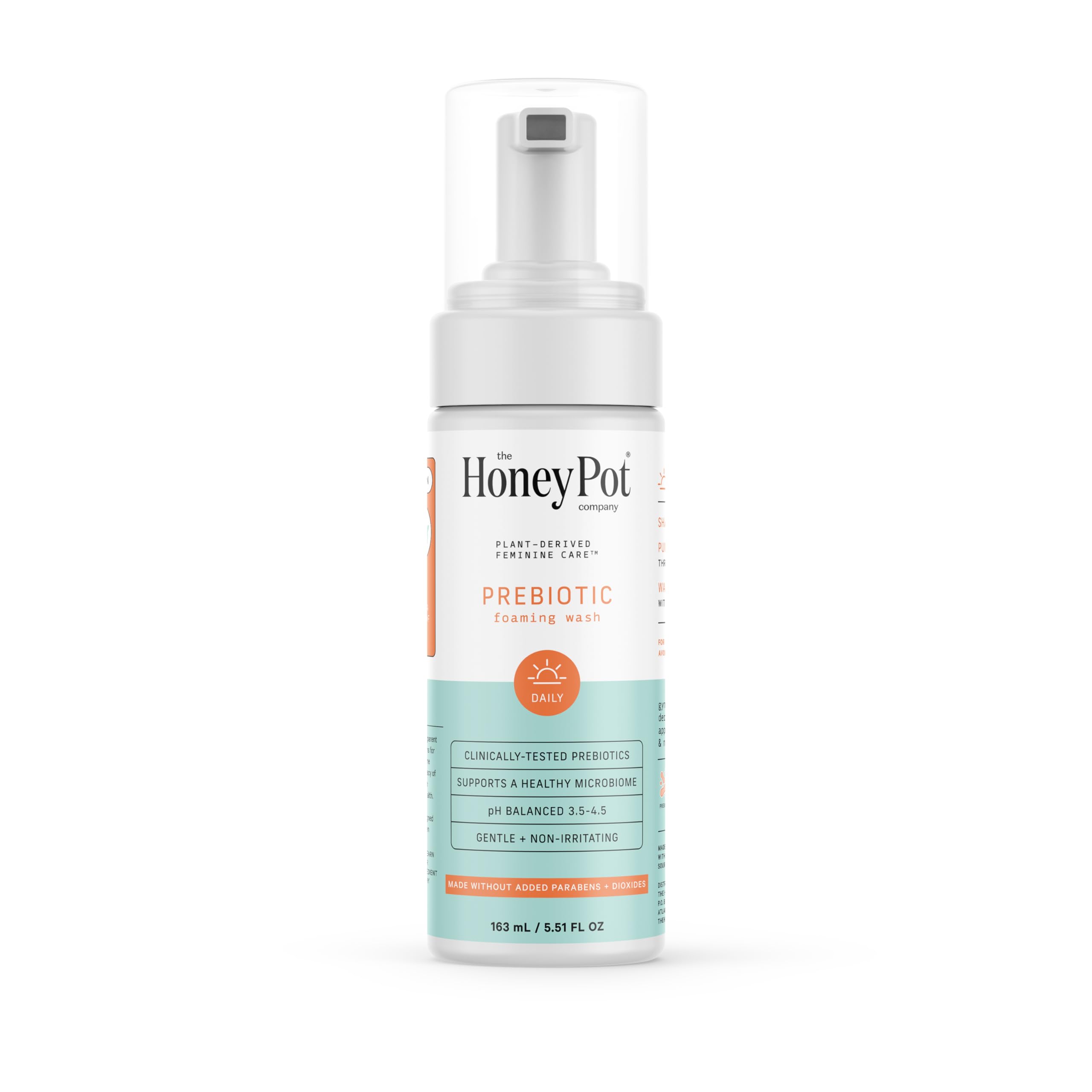The Honey Pot Prebiotic Wash bottle shows gentle, plant-based cleansing for sensitive skin.
