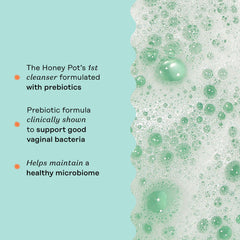 Label detail of The Honey Pot Prebiotic Wash reveals pH-balanced, plant-based ingredients.